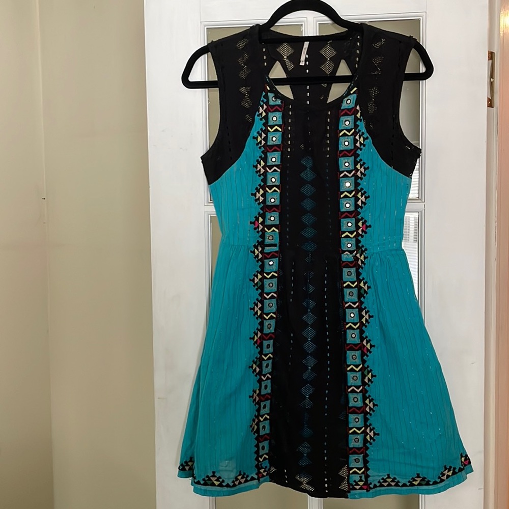 Free People Turquoise Mini Dress With Black Openwork Detail & Embroidery, Size 2